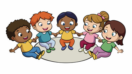 Poster - A group of children sitting in a circle holding hands and smiling. Their carefree expressions and playful interactions showcase the innocence and joy. Cartoon Vector