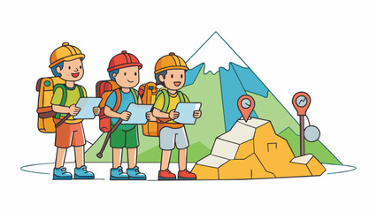 Poster - A group of hikers stood at the base of a tall mountain their backpacks filled with supplies and their feet ready to conquer the steep incline. They. Cartoon Vector