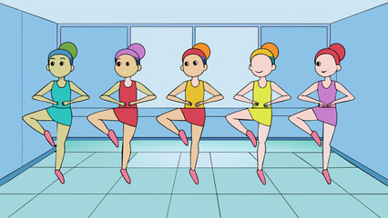 Poster - A group of dancers practicing their routine in a mirrored dance studio their bodies moving in perfect synchronization to the upbeat music playing in. Cartoon Vector