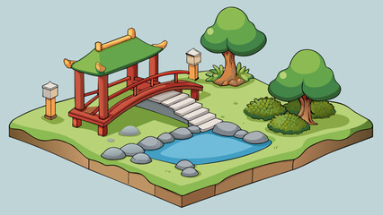 Poster - A Japanese inspired garden with a serene rock garden at its center. Raked gravel surrounds carefully p rocks and a small wooden bridge crosses over a. Cartoon Vector