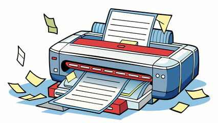Poster - A jammed printer with paper stuck inside and flashing error lights preventing any documents from being printed.. Cartoon Vector