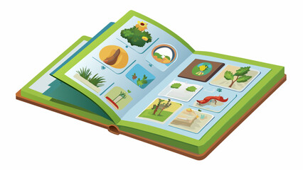 Fototapete - A guidebook with pictures and descriptions of different plant and animal species providing a reference for nature enthusiasts. Each entry may include. Cartoon Vector