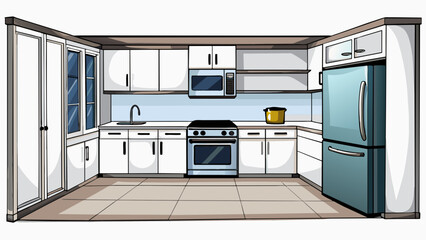 Poster - A highend gourmet kitchen with a large center island and marble countertops. The cabinets are a glossy grey with silver hardware. Above the island. Cartoon Vector