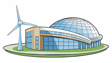 Aufkleber - A large modern building with a unique curved shape and a smooth white exterior. At the top a giant rotating wind turbine can be seen making the. Cartoon Vector