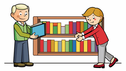Poster - A librarian assists a patron in finding a specific book in the library. The librarian is patient and knowledgeable guiding the patron to the correct. Cartoon Vector