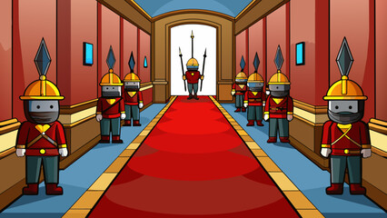 Poster - A long hallway with dark wooden paneling and plush red carpet leading up to a set of double doors guarded by seriouslooking soldiers in formal attire. Cartoon Vector