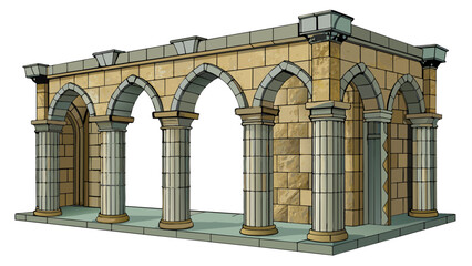 Aufkleber - A long narrow structure made of weathered stone with tall columns and arched entrances. The structure resembles a European castle and has intricate. Cartoon Vector