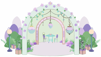 Poster - A magical garden theme featuring an arch covered in climbing flowers lanterns hanging from tree branches and whimsical fairy lights. The color palette. Cartoon Vector