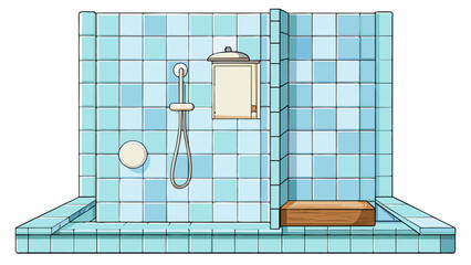 Poster - A luxurious spa shower with a builtin steam feature and multiple shower heads. The walls are covered in light blue mosaic tiles and a long wooden. Cartoon Vector