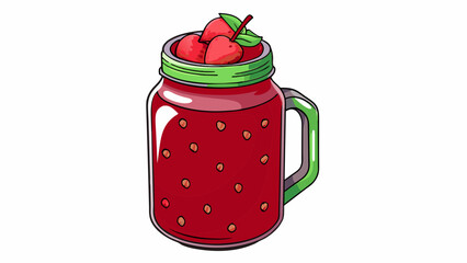 Poster - A mason jar filled with a deep red liquid gleaming in the sunlight. The juice is thick and velvety made from ripe strawberries and raspberries. It has. Cartoon Vector