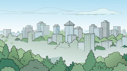 Poster - A misty morning sky shrouded in a thick layer of fog that blurs the outlines of trees and buildings creating an eerie and mystical atmosphere.. Cartoon Vector