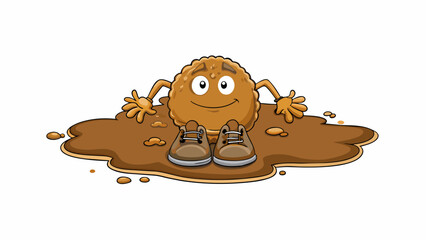 Poster - A muddy ground after a heavy rain with thick brown mud oozing between toes and sticking to shoes. The surface is soggy and slippery making it. Cartoon Vector