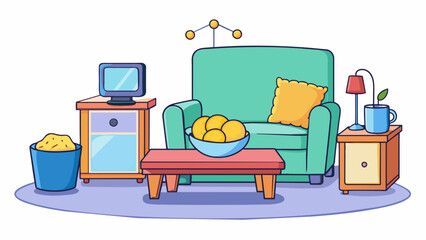 Poster - A movie date at home A snug and comfortable couch with pillows and blankets tered around. The TV screen glows in the dimly lit room and a bowl of. Cartoon Vector