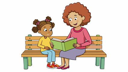 Aufkleber - A mother and daughter sit on a park bench enjoying a quiet afternoon together. The daughter has a book in her hand her eyes intently focused on the. Cartoon Vector