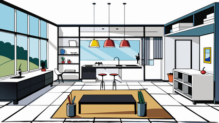 Wall Mural - A modern home with sleek black furniture glossy white countertops and large windows that let in plenty of natural light showcasing minimalist decor. Cartoon Vector