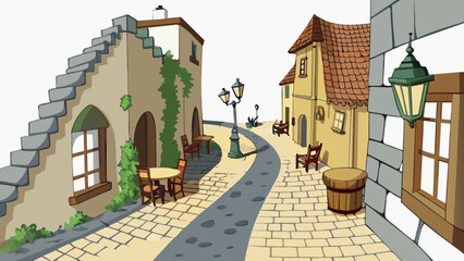 Poster - A narrow cobblestone street winding through a quaint European town with oldfashioned street lamps lighting the way. Vines climb up the sides of stone. Cartoon Vector