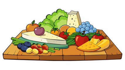 Fototapete - A mouthwatering spread of fresh fruits vibrant vegetables and artisanal cheeses all artfully arranged on a rustic wooden table. The appeal of this. Cartoon Vector