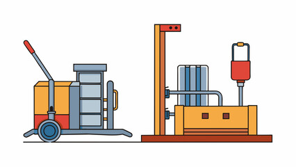 Poster - An industrial equipment with a steel frame and a set of forks that can be inserted under a pallet. It has a pump lever that is used to lift lower and. Cartoon Vector