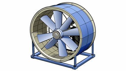 Poster - An industrialsized fan attached to a stand and used in factories or warehouses to improve air circulation. It is made of sy metal with large rotating. Cartoon Vector