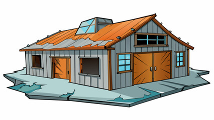 Poster - An old decrepit warehouse with peeling paint and broken windows. The heavy metal doors are rusted and the roof is caving in giving the building a. Cartoon Vector