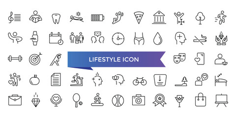 Wall Mural - Lifestyle icon collection. Related to healthy lifestyle, diet, exercise, sleep, relationships, running, routine, self-care, culture and hobbies icons. Line icon set.