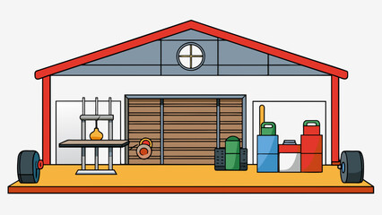 Fototapete - An organized garage with designated areas for different activities. One side is set up as a mini gym with weights and exercise equipment neatly. Cartoon Vector