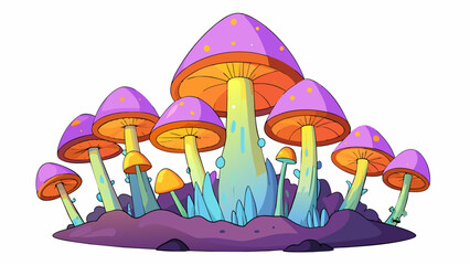 Poster - An otherworldly forest filled with glowing mushrooms their caps pulsing with vibrant colors and casting a warm ethereal glow.. Cartoon Vector