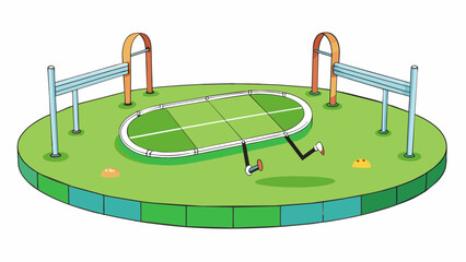 Poster - An ovalshaped track with a soft springy surface that bounces slightly with each step. The ground is covered in bright green artificial turf and there. Cartoon Vector
