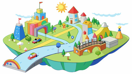 Fototapete - A page featuring a map of an imaginary city drawn in a whimsical style with cartoon buildings roads and parks. The city is filled with interesting. Cartoon Vector