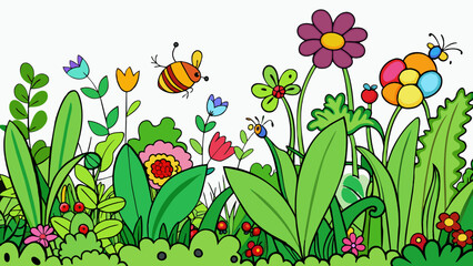 Aufkleber - An overgrown garden filled with lush green plants colorful flowers and buzzing insects teeming with life.. Cartoon Vector