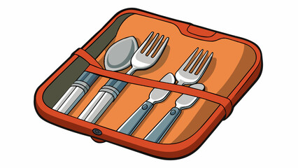 Poster - A pack is a set of 12 stainless steel camping utensils including forks knives and ss all neatly stored in a compact pouch. Each piece is lightweight. Cartoon Vector