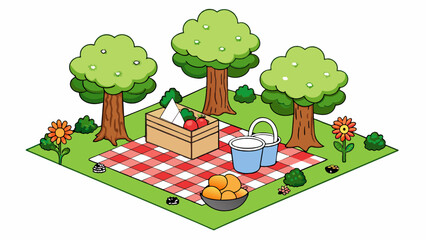 Fototapete - A picnic date in the park A checkered red and white blanket spread out on the grass accompanied by a wicker basket filled with various finger foods. Cartoon Vector