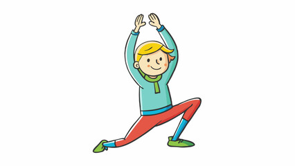 Poster - A person stretching their arms upwards towards the ceiling their legs planted firmly on the ground. They are wearing loose breathable clothing and. Cartoon Vector