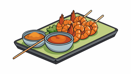 Poster - A platter of juicy grilled shrimp skewers with a side of tangy dipping sauce. The shrimp are grilled to perfection with a slight char on the edges and. Cartoon Vector