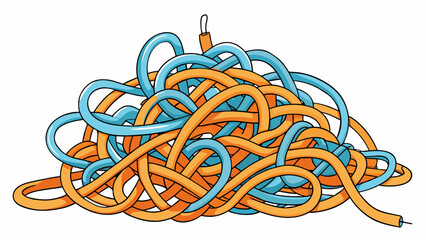 Poster - A pile of tangled wires and cords jumbled together in a chaotic mess. In order to find the correct cord one must carefully untangle and sort through. Cartoon Vector