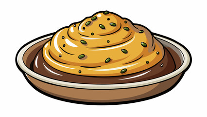 Poster - A plate of buttery mashed potatoes topped with rich brown gravy. The potatoes are smooth and creamy with flecks of black pepper throughout. The gravy. Cartoon Vector