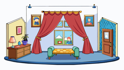 Aufkleber - A quaint home with mismatched furniture handsewn curtains and walls adorned with family photos and childrens artwork giving off a charming and livedin. Cartoon Vector