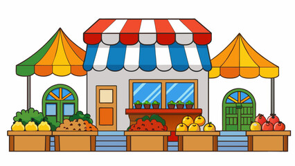 Poster - A quaint smalltown marketplace with vendors selling colorful fruits and vegetables homemade goods and fresh flowers. The buildings are adorned with. Cartoon Vector