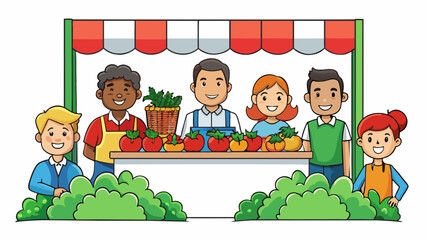 Poster - A poster campaign promoting a local farmers market showcasing an array of fresh produce like crisp apples plump tomatoes and lush greens. The market. Cartoon Vector