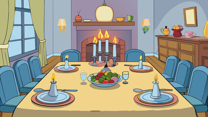 Wall Mural - A quiet dinner party in a cozy living room with a crackling fireplace and soft lighting creating a warm ambiance. A long wooden table is set with. Cartoon Vector