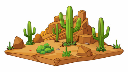 Poster - A rocky desert landscape dotted with cacti and sp shrubs. The land is dry and unforgiving with no signs of water or life.. Cartoon Vector