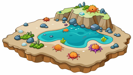 Fototapete - A rocky coast with tide pools the rocks are covered in barnacles and colorful seaweed and small crabs stle a the pools.. Cartoon Vector