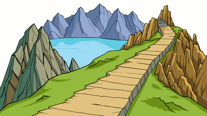 Poster - A rocky mountain path with steep inclines and jagged outcroppings leading to a breathtaking view of a crystal clear lake below.. Cartoon Vector