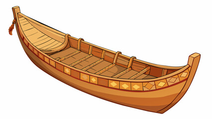 Fototapete - A rustic homemade wooden boat with a flat rectangular body and a narrow curved prow. Its edges are adorned with intricate patterns and symbols and a. Cartoon Vector