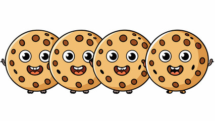 Aufkleber - A row of identical chocolate chips cookies each one with a varying amount of chips on its surface creating a unique pattern on each cookie.. Cartoon Vector