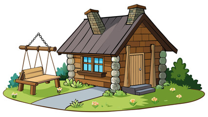 Poster - A rustic cabin nestled in the woods with a large stone chimney and a wraparound porch. The exterior is made of dark brown logs and the roof is covered. Cartoon Vector