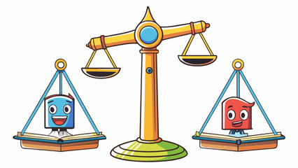 Fototapete - A scale with two sidebyside platforms each one holding a different object. One side has a stack of books representing logic and reason while the other. Cartoon Vector