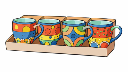 Aufkleber - A set of four ceramic mugs each one handpainted with a different design in vibrant colors. The mugs are sy and have a comfortable handle making them. Cartoon Vector
