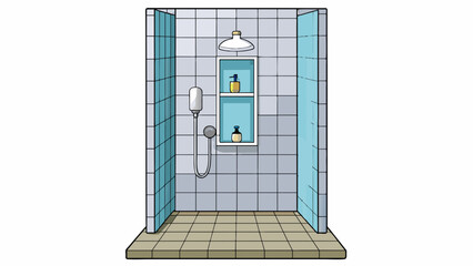 Canvas Print - A simple white shower with a frosted glass door and chrome fixtures. The shower head is large and rainlike providing a gentle flow of water. The floor. Cartoon Vector