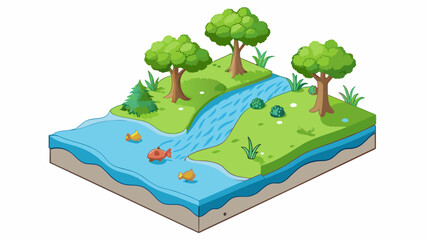 Aufkleber - As I walk outside I am greeted by the soothing sounds of a nearby river. Tall leafy trees line the riverbank providing shade and shelter for a variety. Cartoon Vector